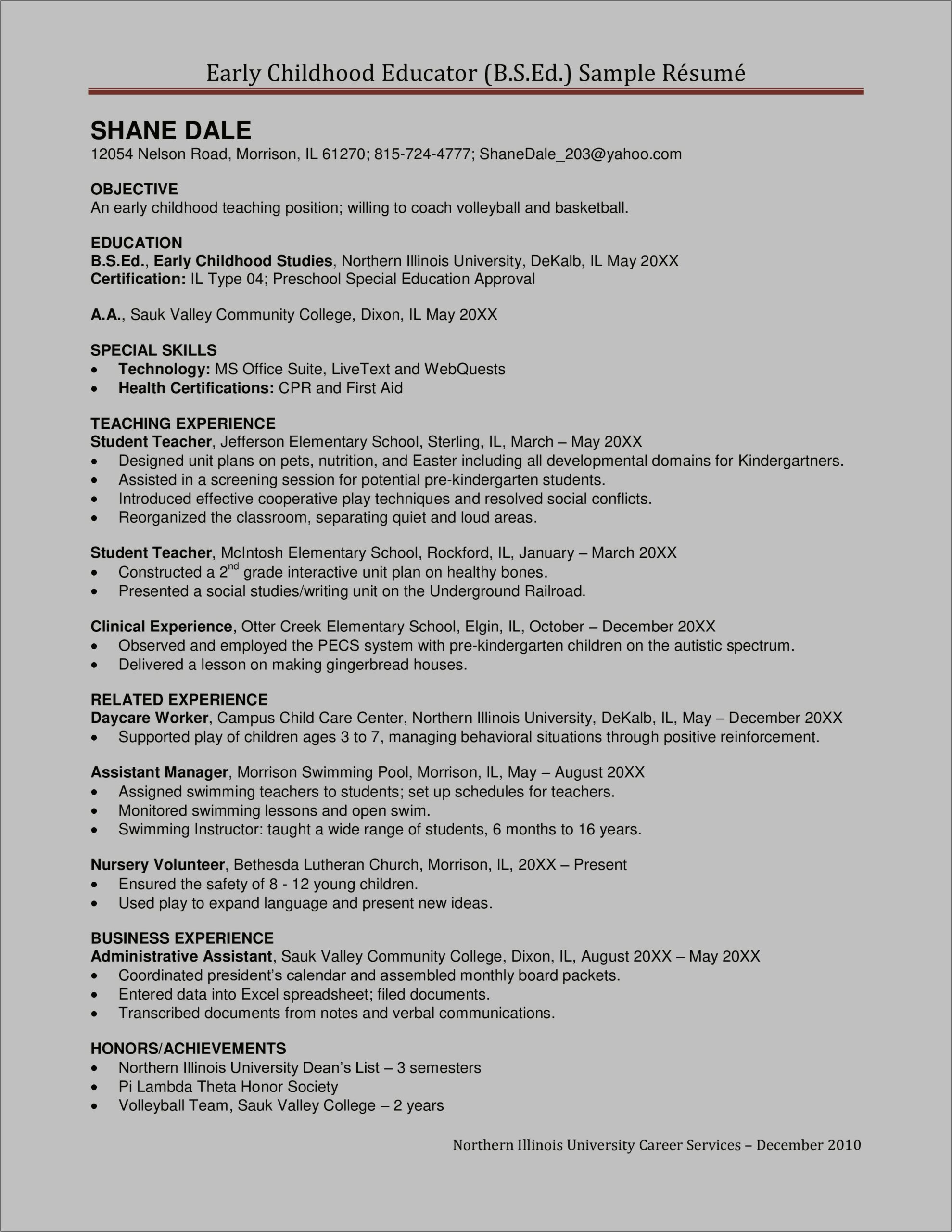 Sample Resume Child Care Manager
