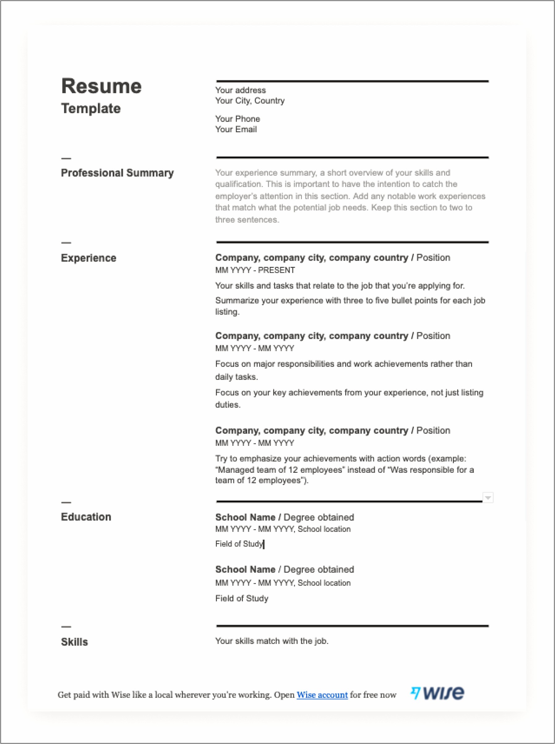Sample Resume Download For Experience