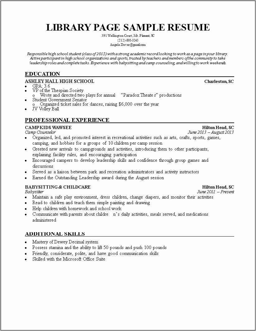 Sample Resume For A Librarian