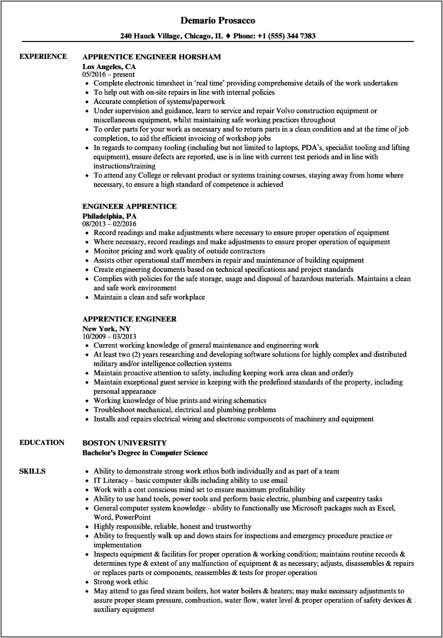 Sample Resume For Apprentice Engineer