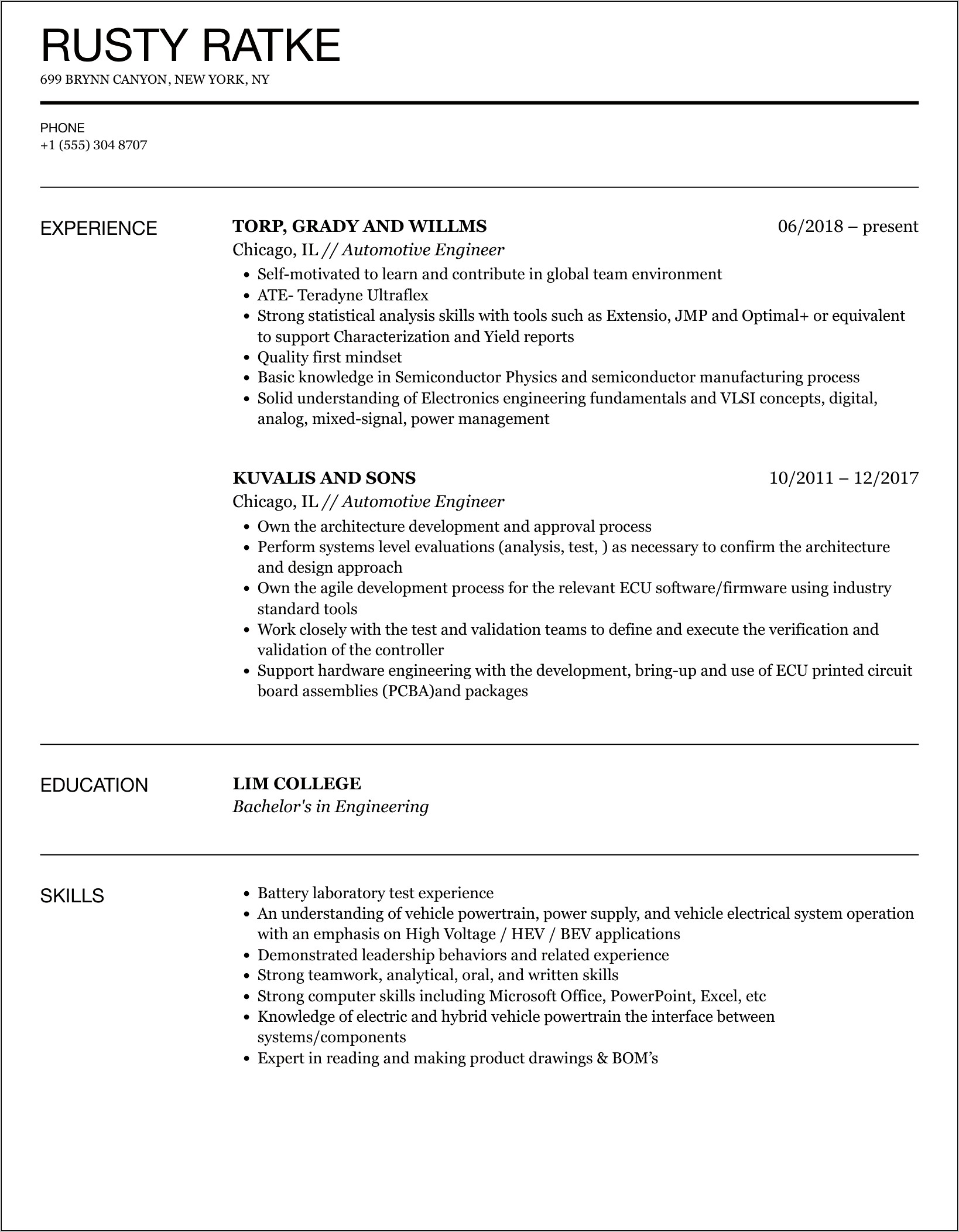 Sample Resume For Automotive Industry