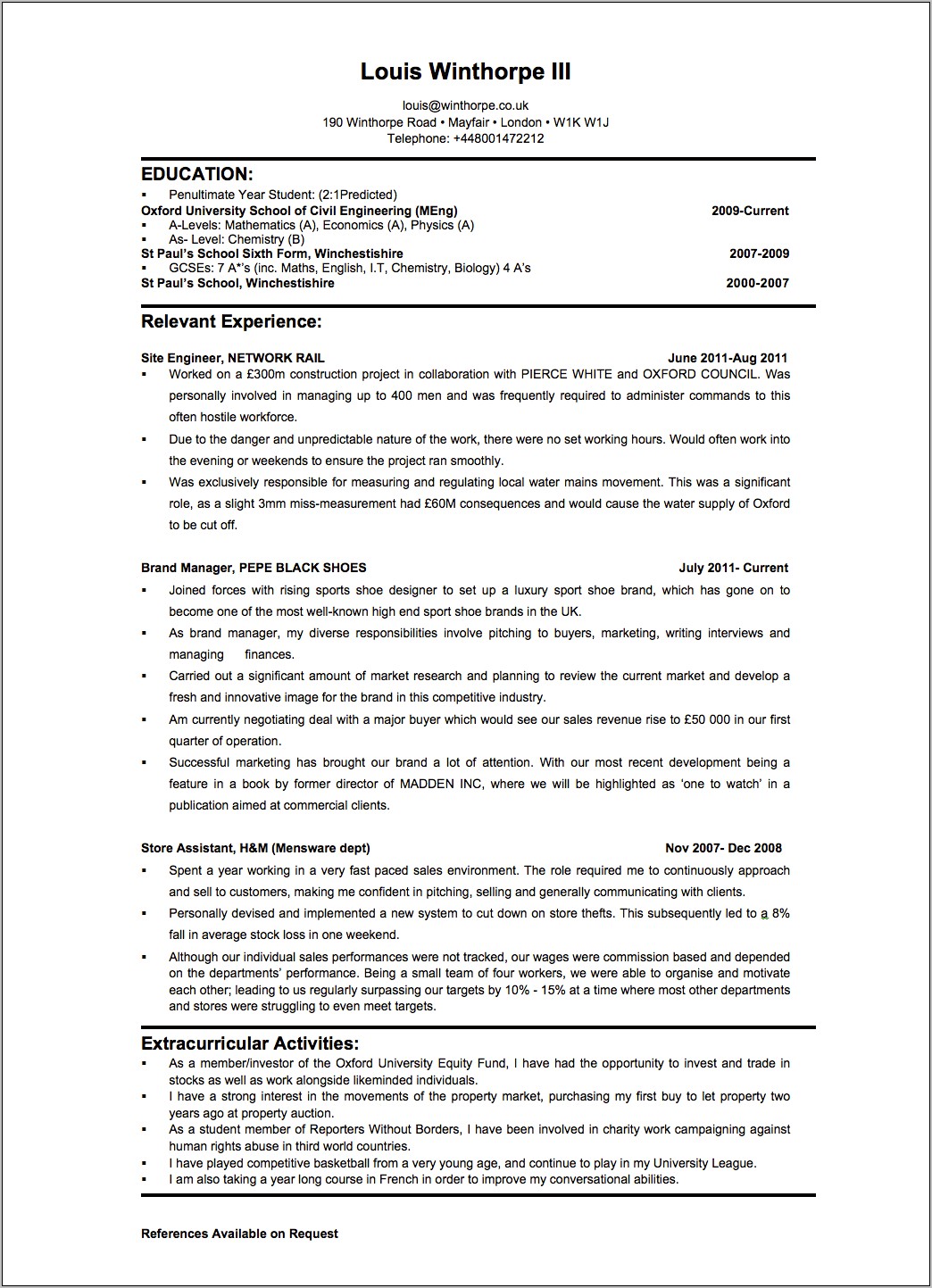 Sample Resume For Bank Internship
