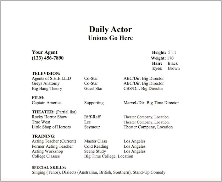 Sample Resume For Beginning Actors