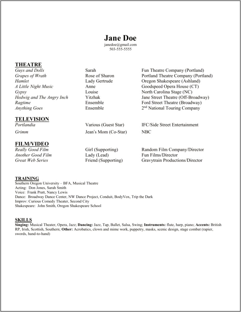 Sample Resume For Children Theater