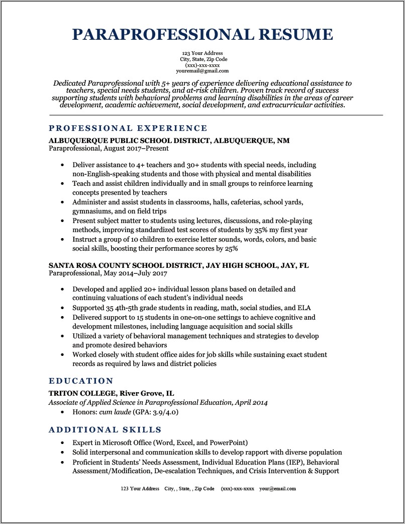 Sample Resume For Classroom Assistant