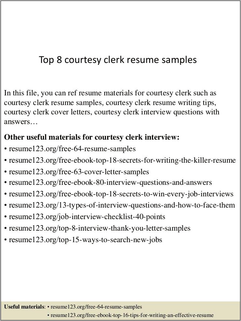 Sample Resume For Courtesy Clerk