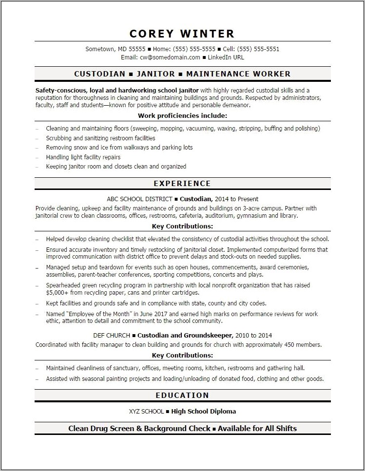 Sample Resume For Custodian Job