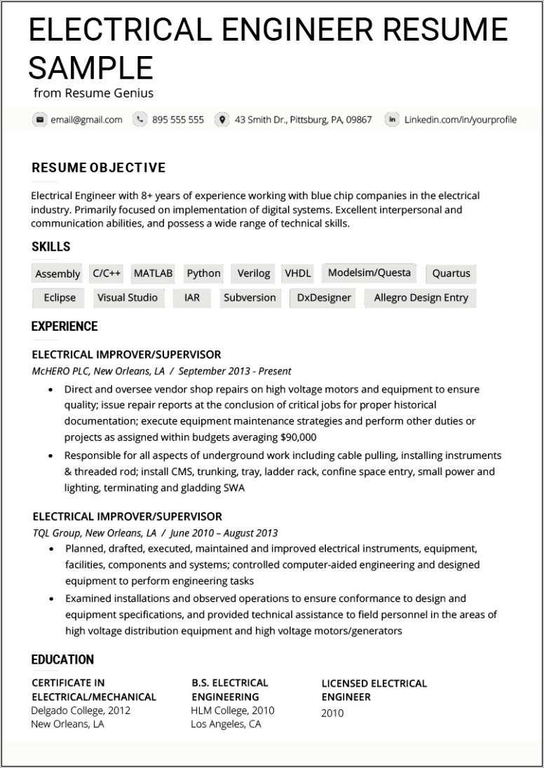 Sample Resume For Ee Students