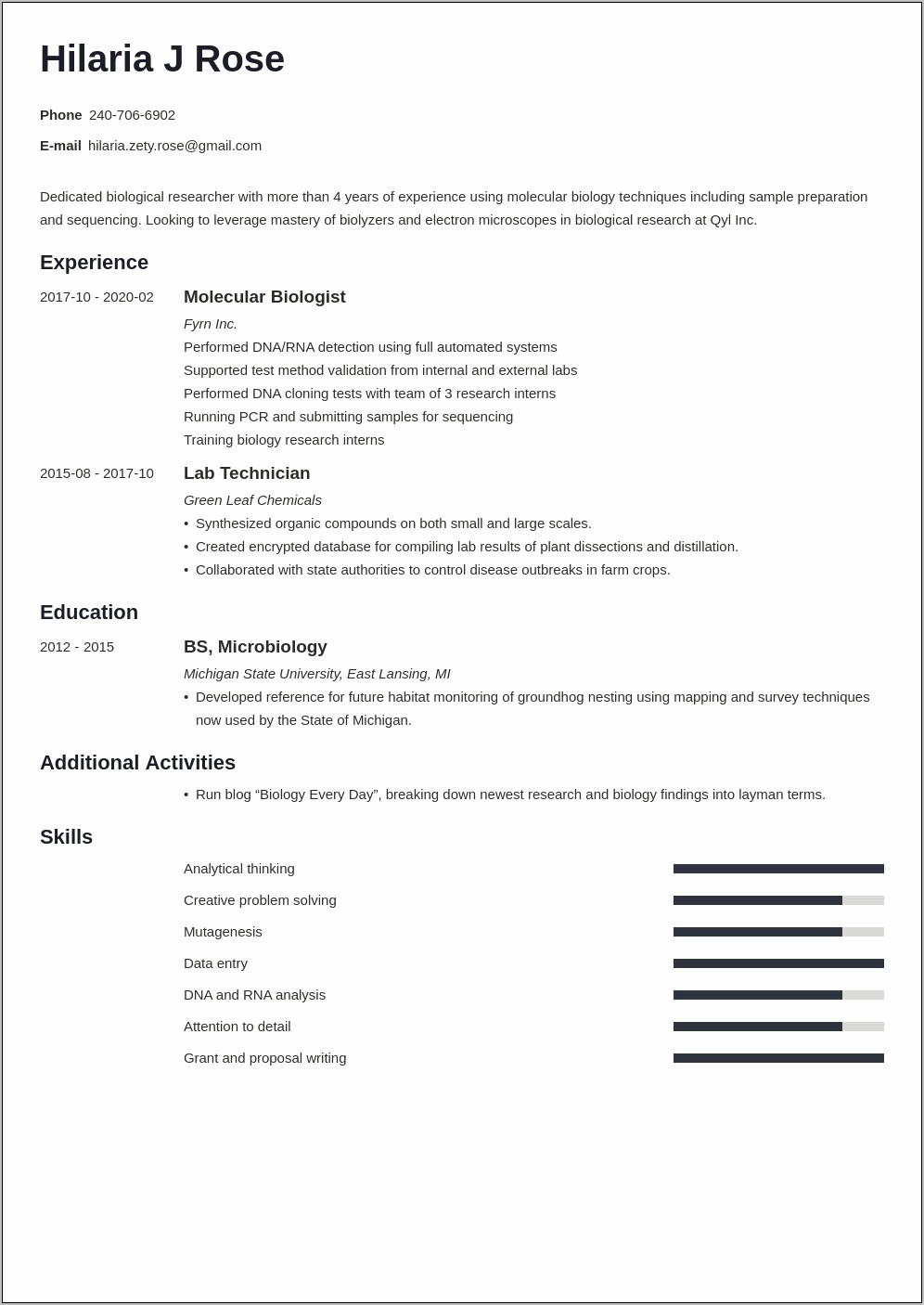 Sample Resume For Environmental Degree
