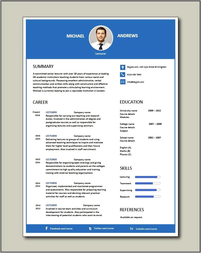 Sample Resume For Faculty Position