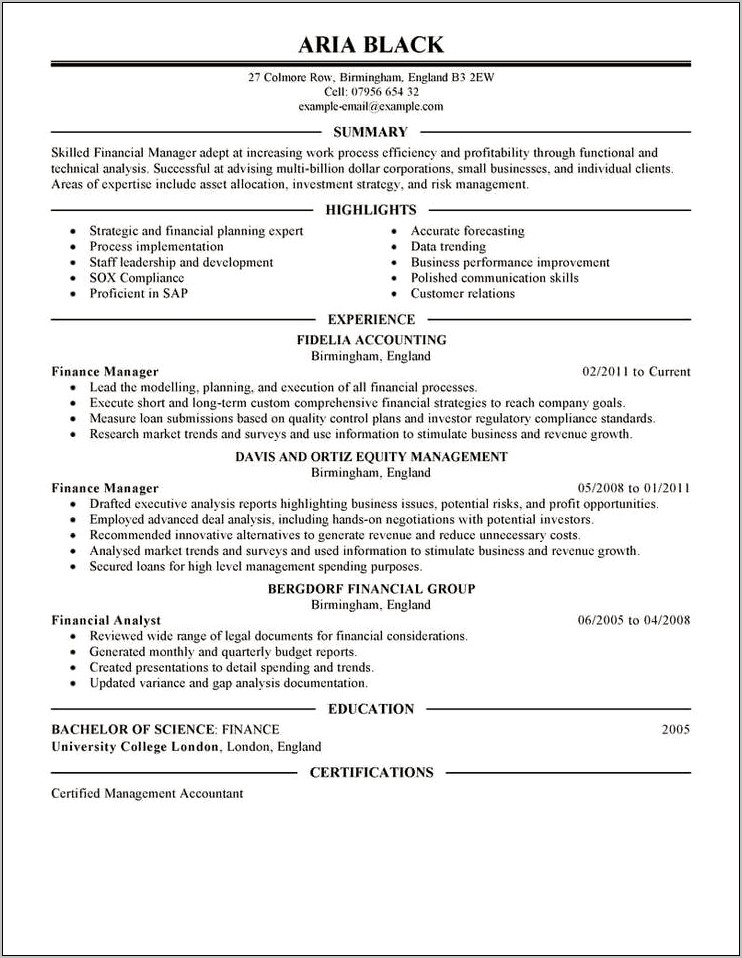 Sample Resume For Finance Job