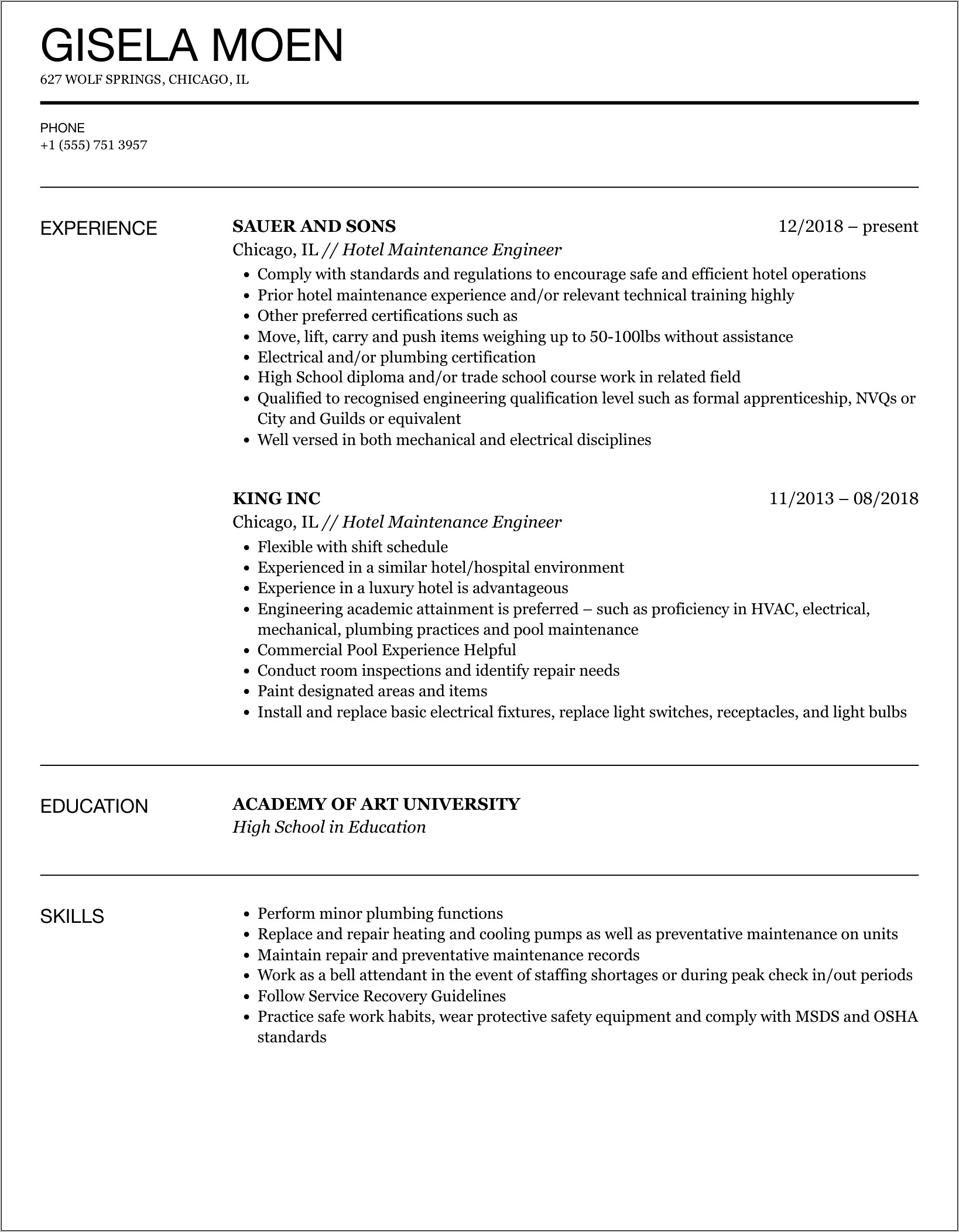 Sample Resume For Hotel Engineer