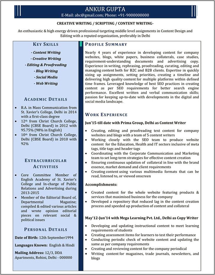 Sample Resume For Internship India