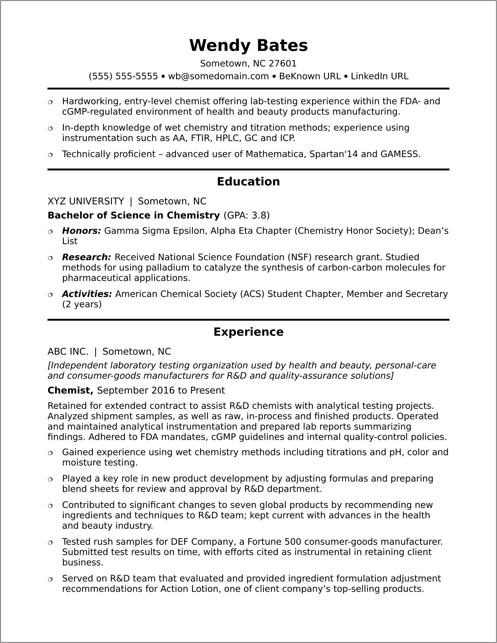 Sample Resume For Lab Chemist