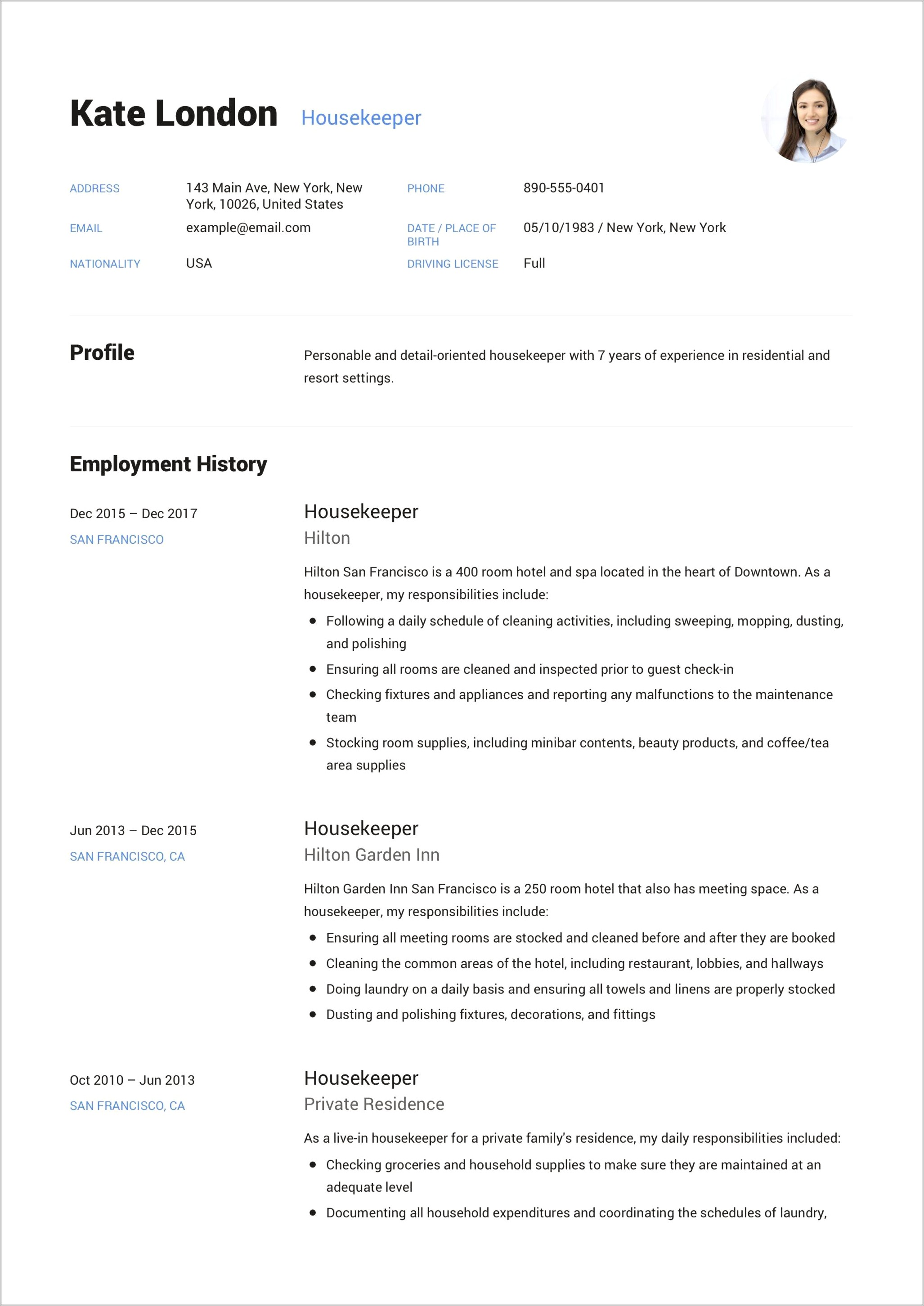 Sample Resume For Maid Service