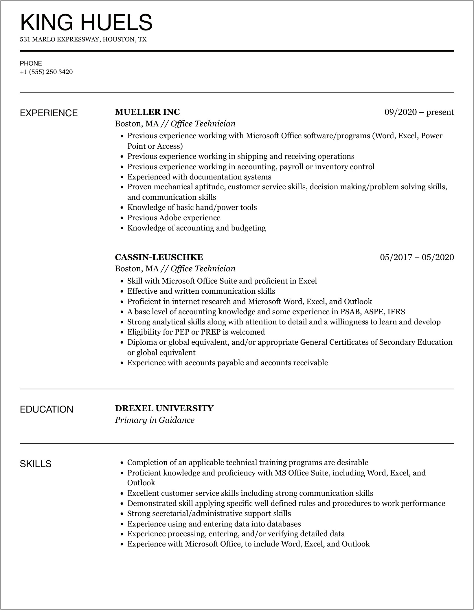 Sample Resume For Office Technician