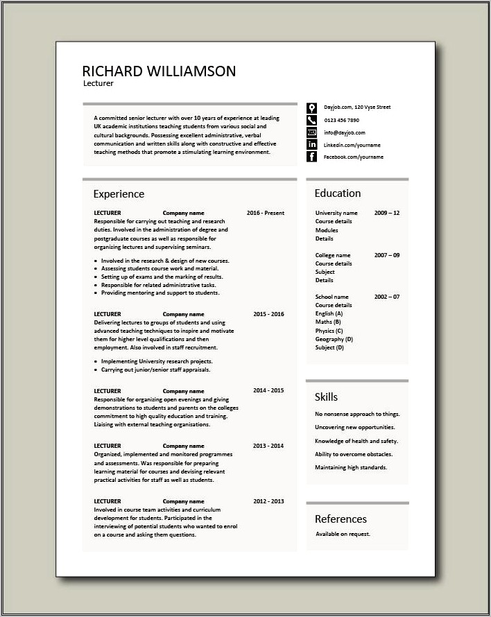 Sample Resume For Physics Lecturer