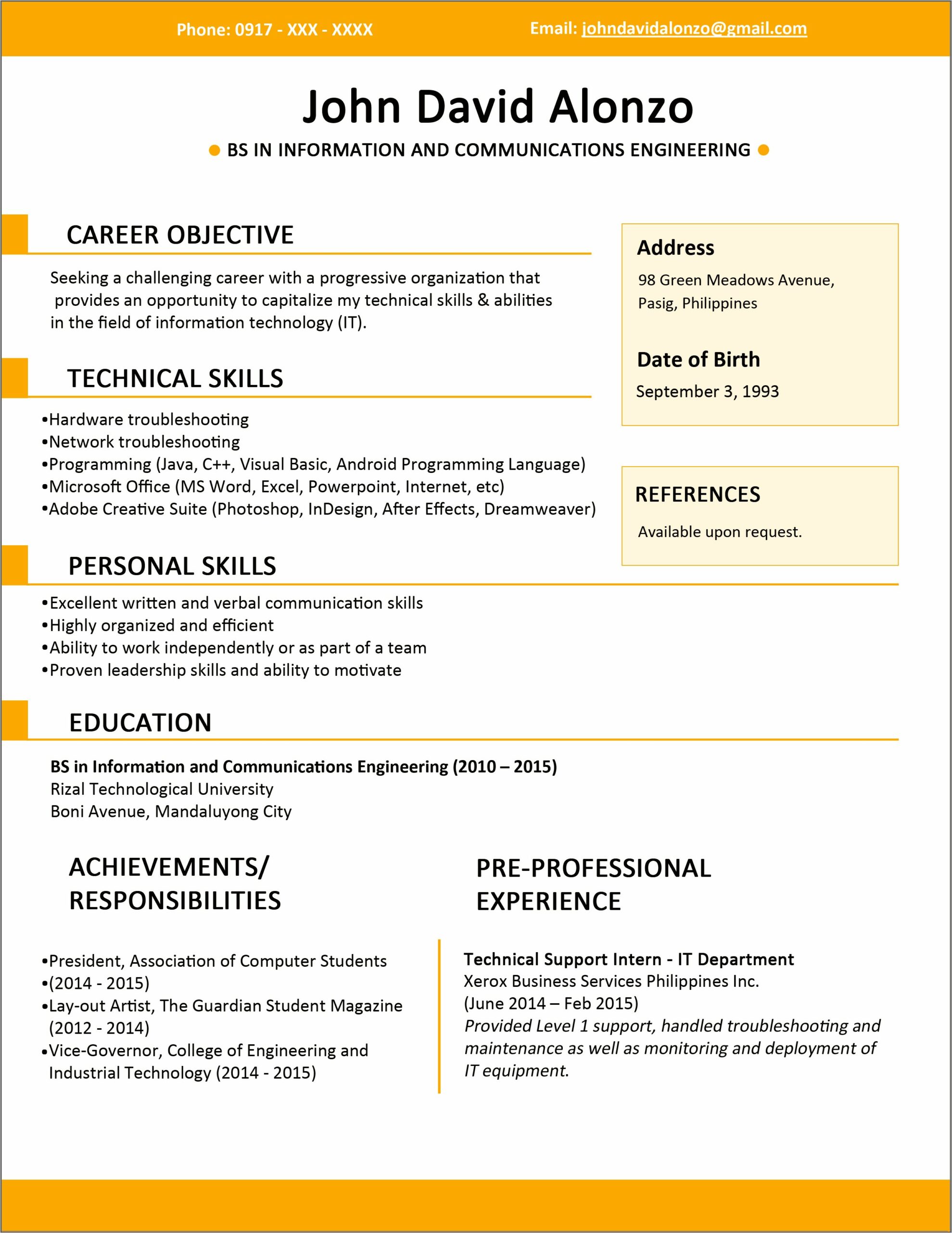 Sample Resume For Post Grad