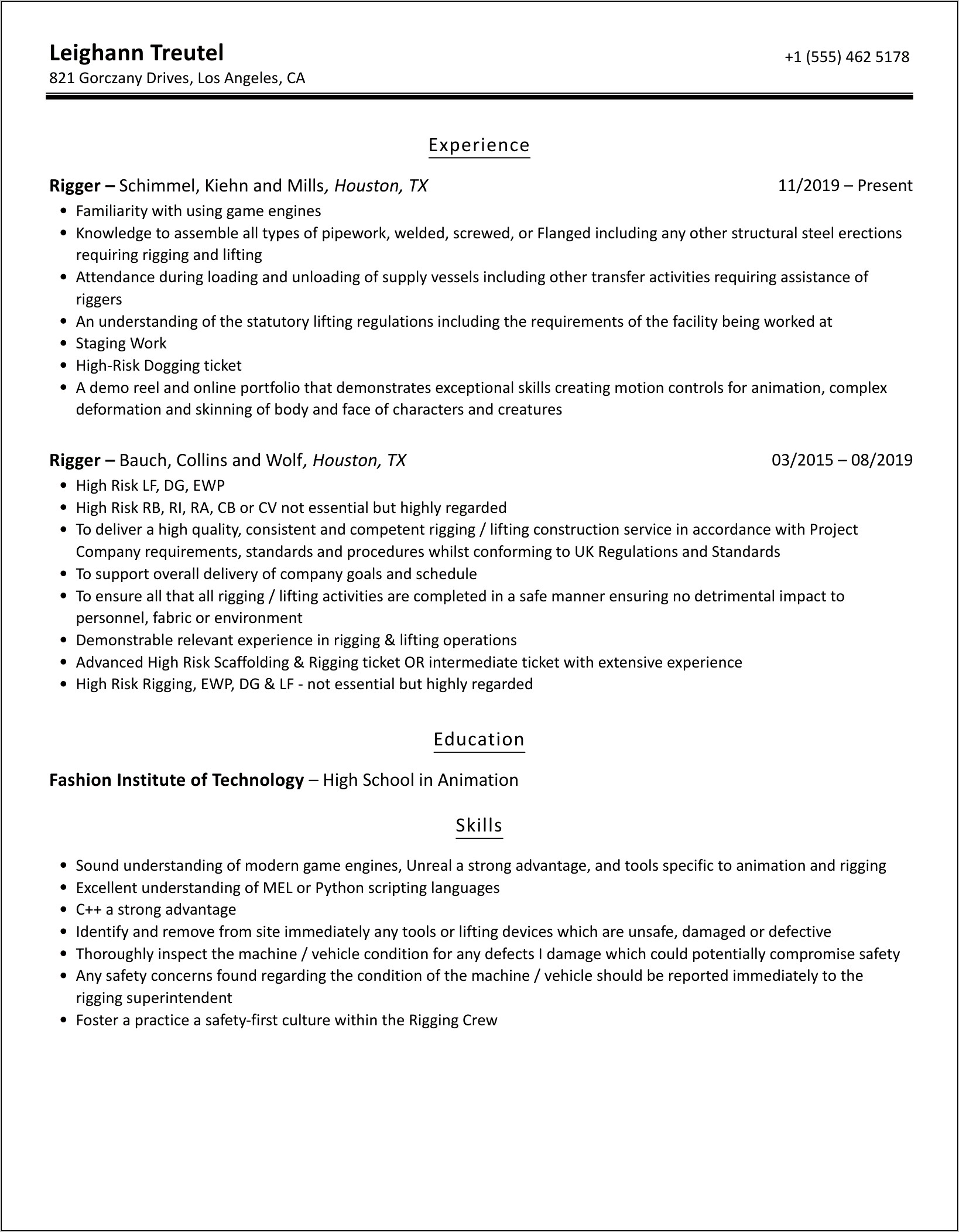 Sample Resume For Rigger Job