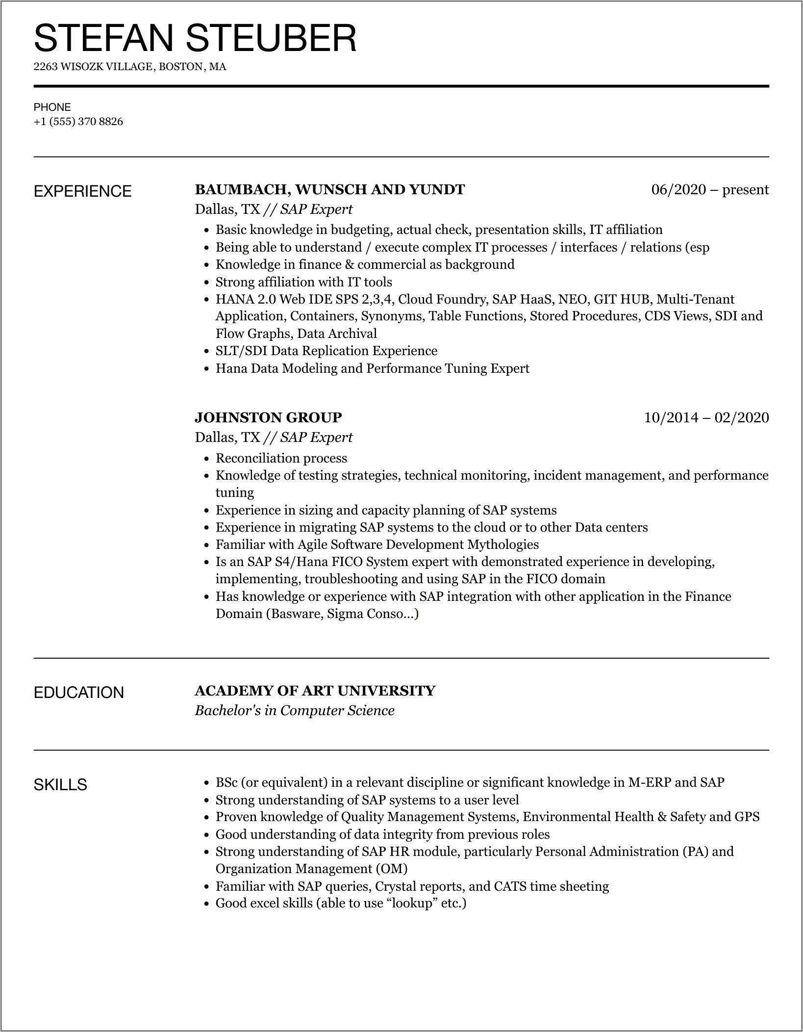 Sample Resume For Sap Jobs