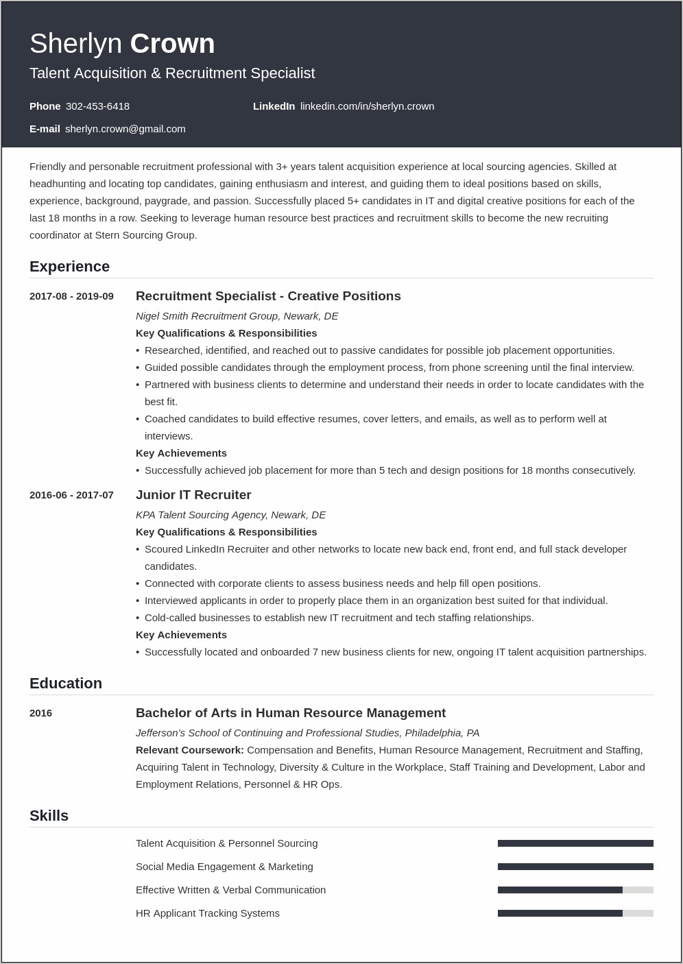 Sample Resume For Staffing Recruiter