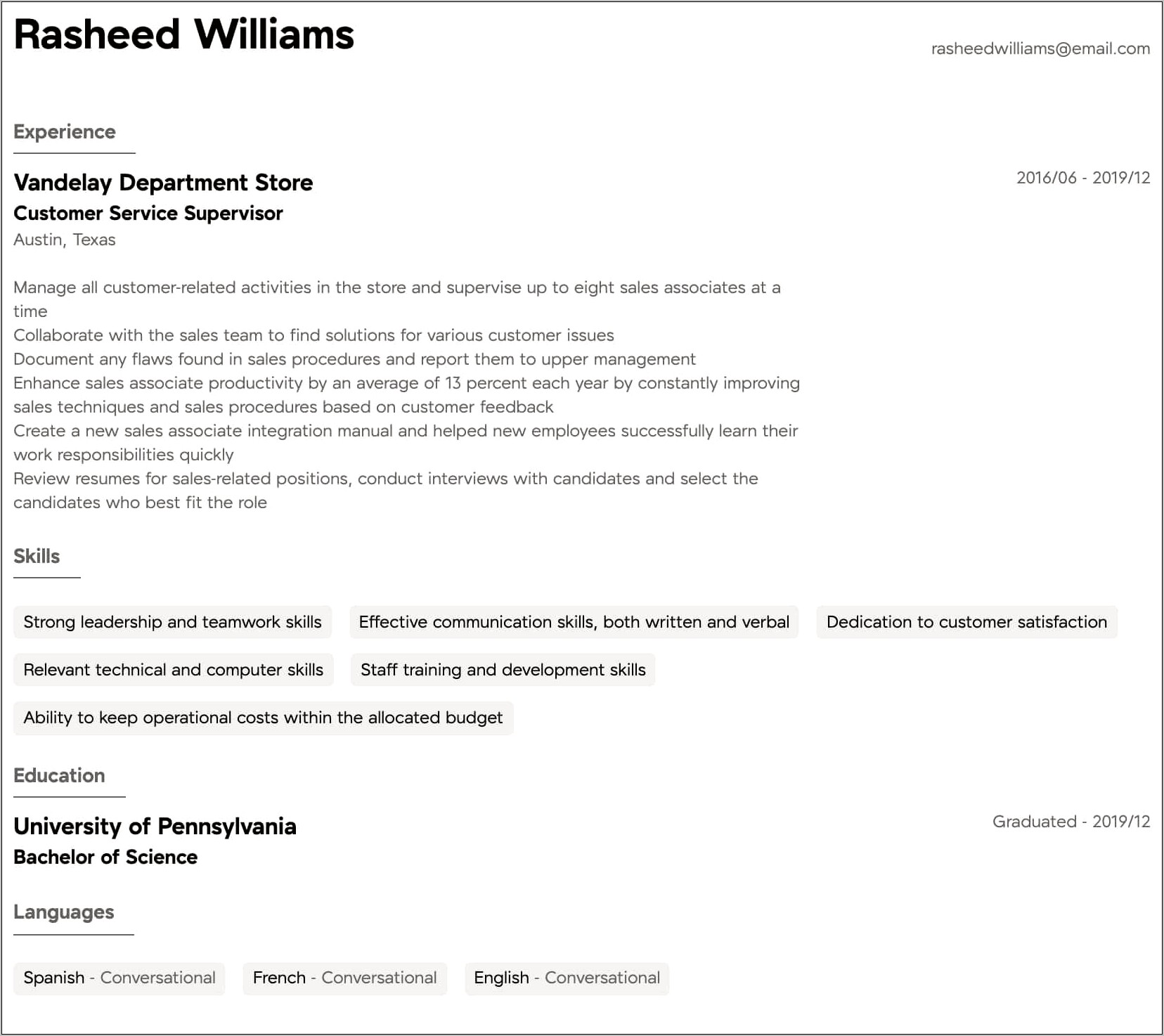 Sample Resume For Supervisor Position