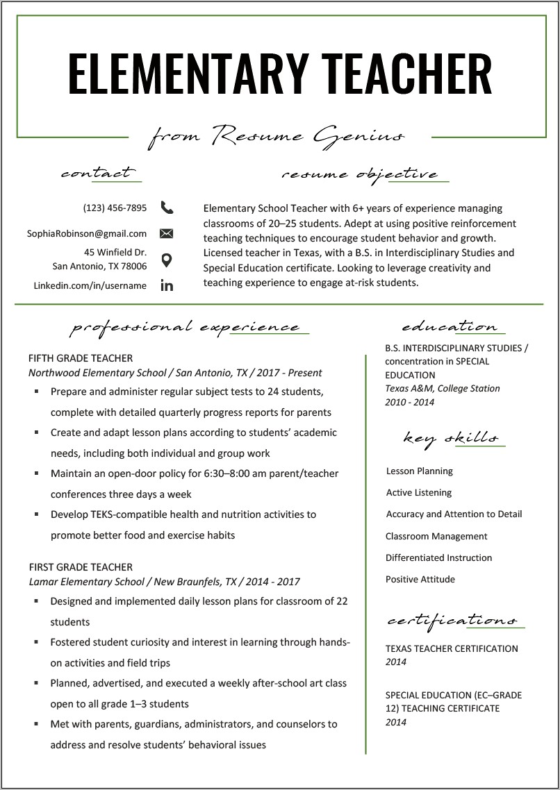 Sample Resume For Teaching Postion