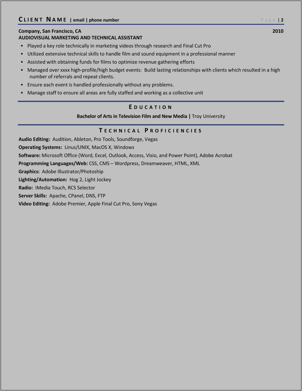 Sample Resume For Television Production