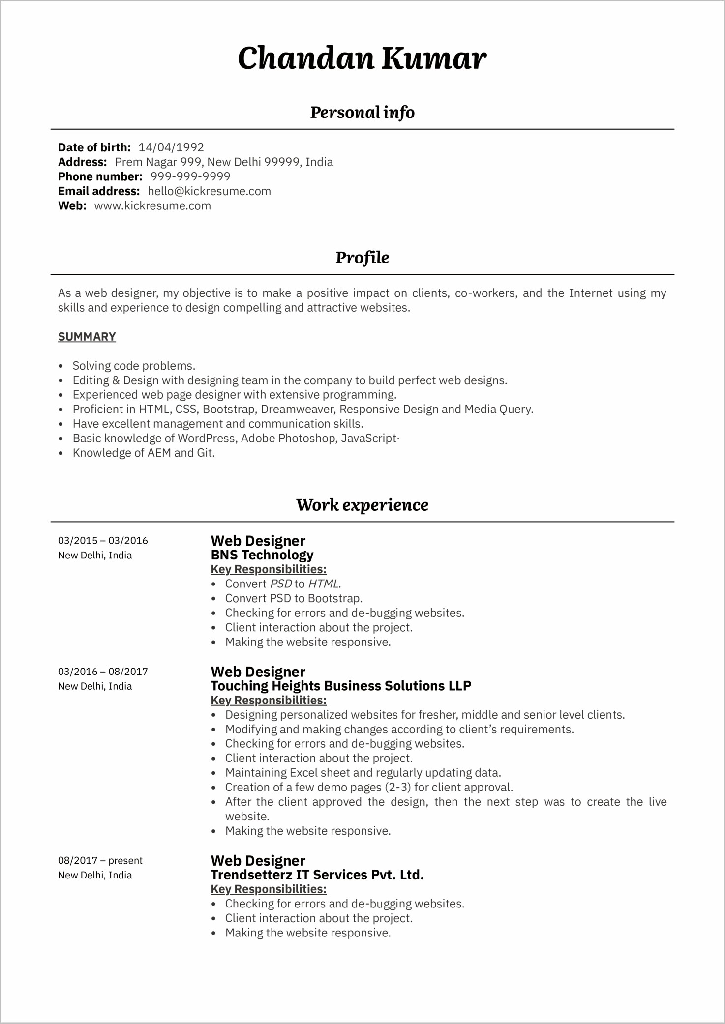 Sample Resume Format For Designer