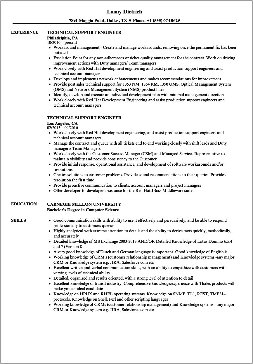 Sample Resume Objective Support Engineer