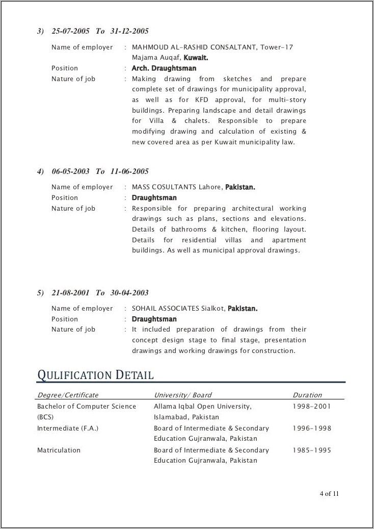Sample Resume Of Architectural Drafter