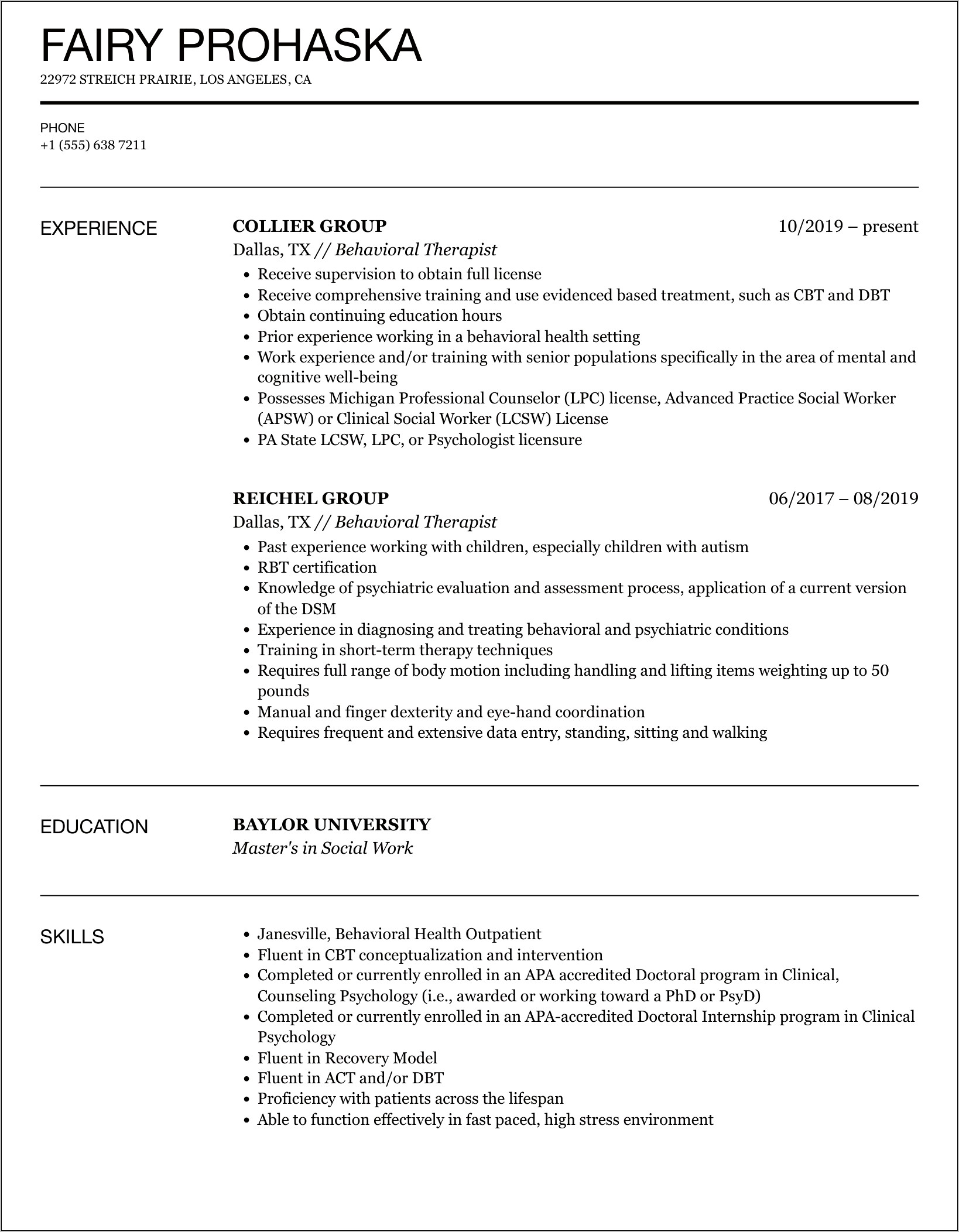 Sample Resume Of Behavior Therapist