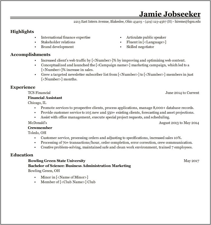 Sample Resume Of Marketing Student