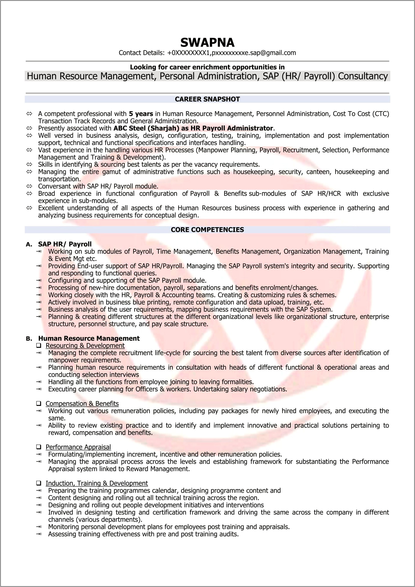 Sample Resume Of Tcs Employee