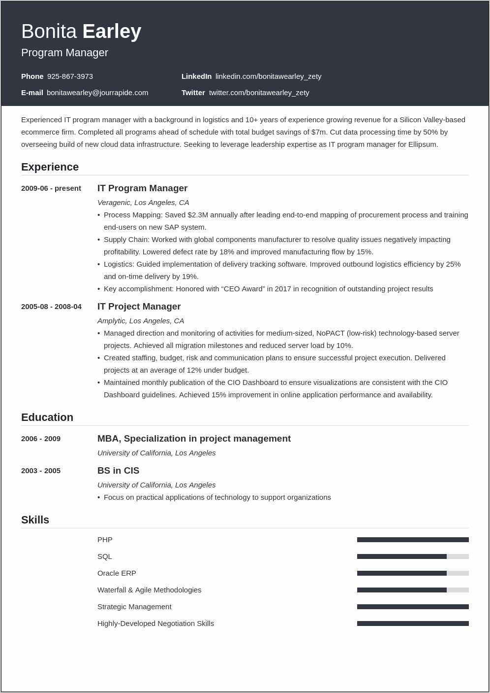 Sample Resume Project Manager Infrastructure