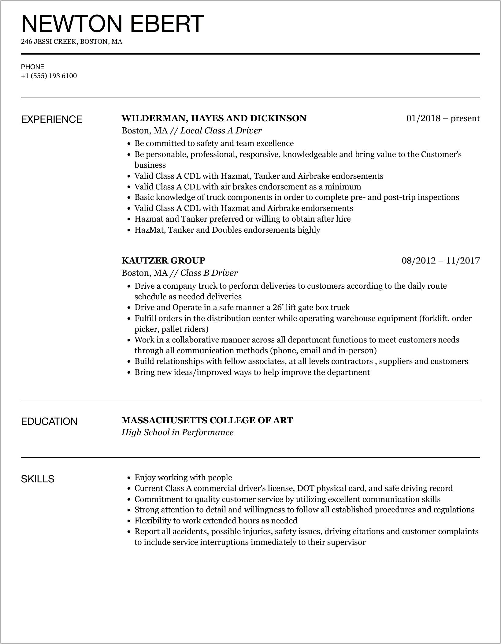 Sample Resume With Driving License