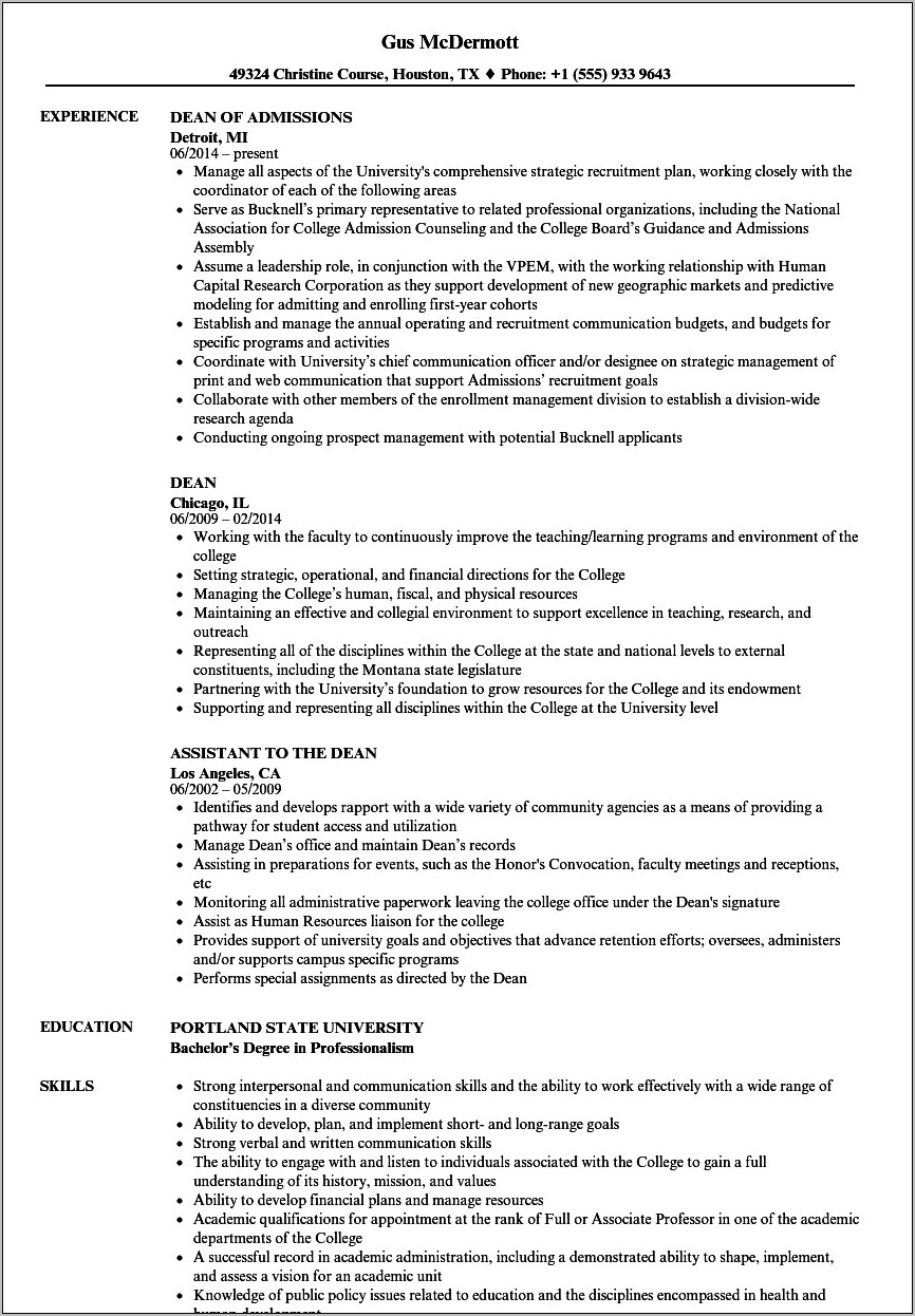 Sample Resumes Dean Of Students