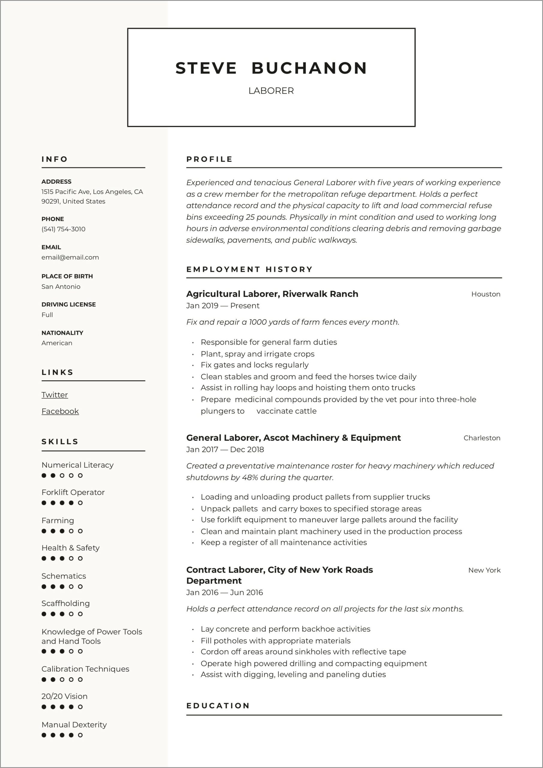 Sample Resumes For Labor Workers