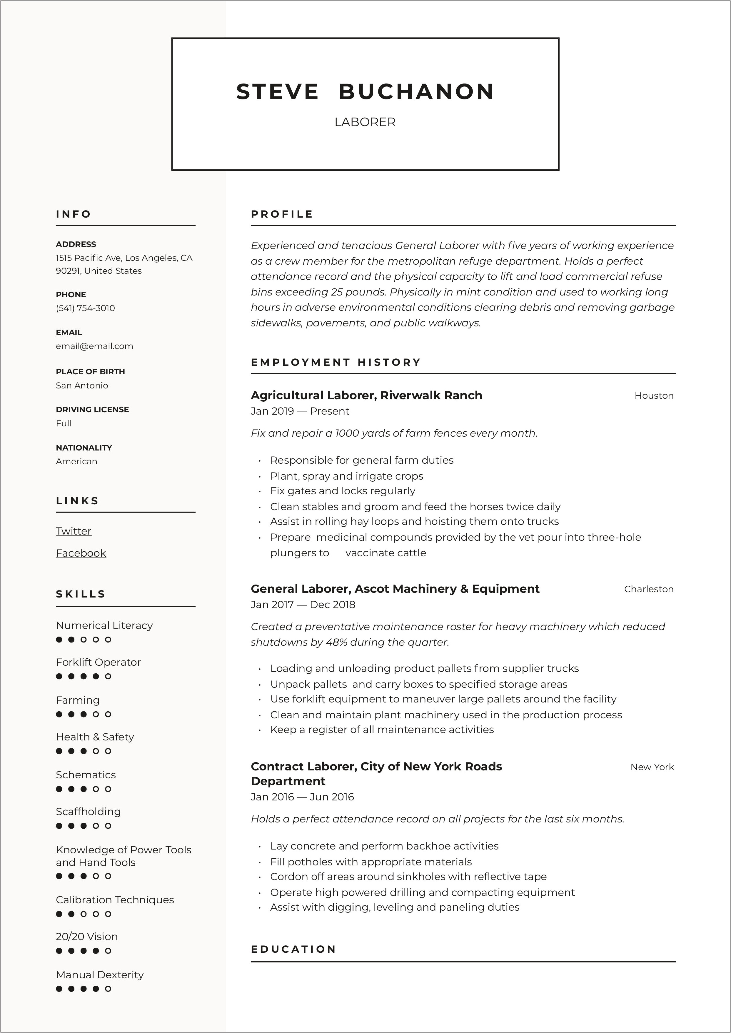 Sample Resumes For Labor Workers