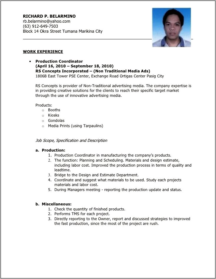 Sample Resumes For Production Worker