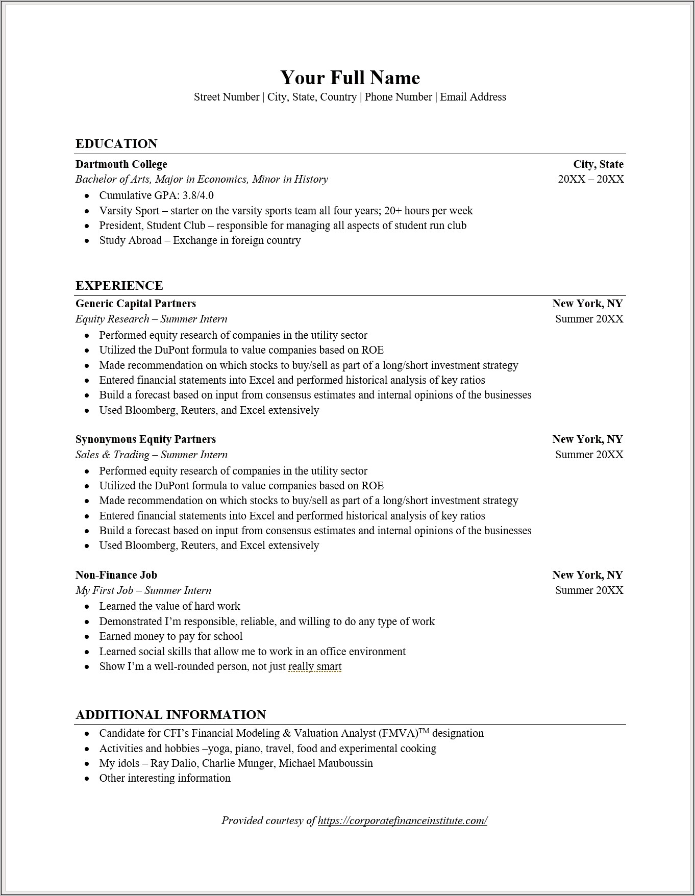 Sample Undergraduate Resume Finance Student