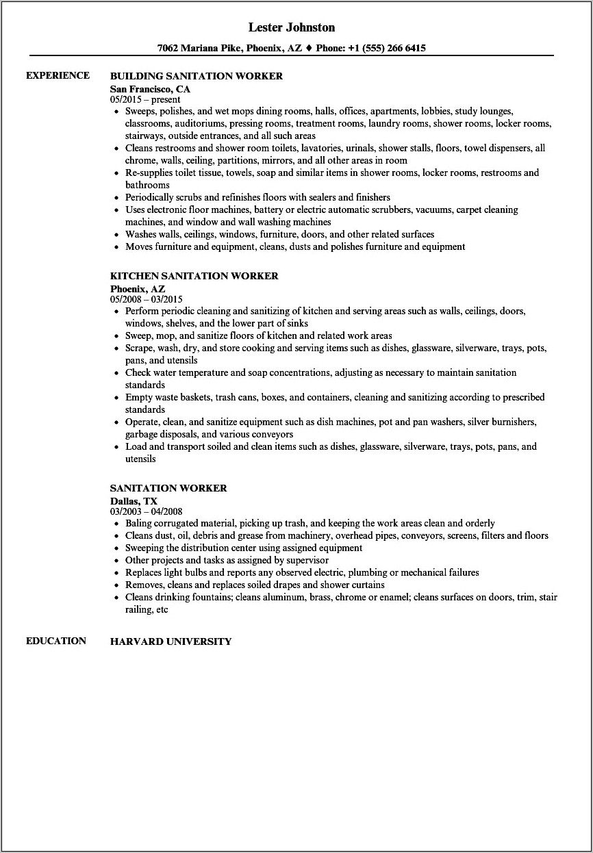 Sanitation Services Job Summary Resume