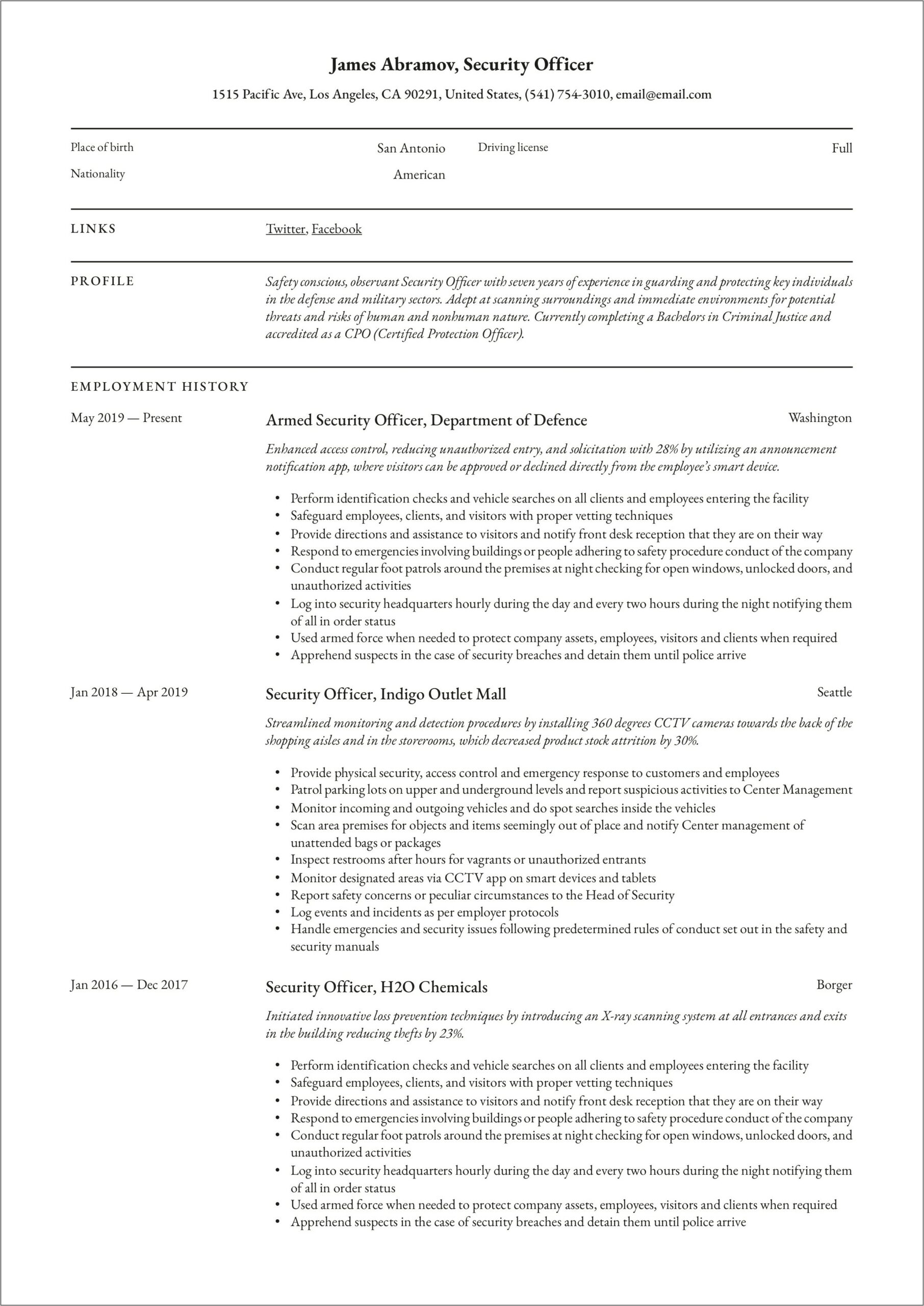 Security Patrol Officer Resume Example