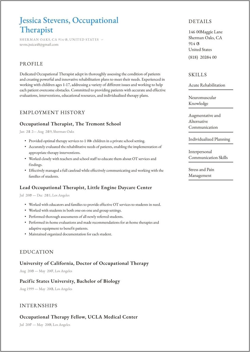 Senior Occupational Therapist Resume Sample