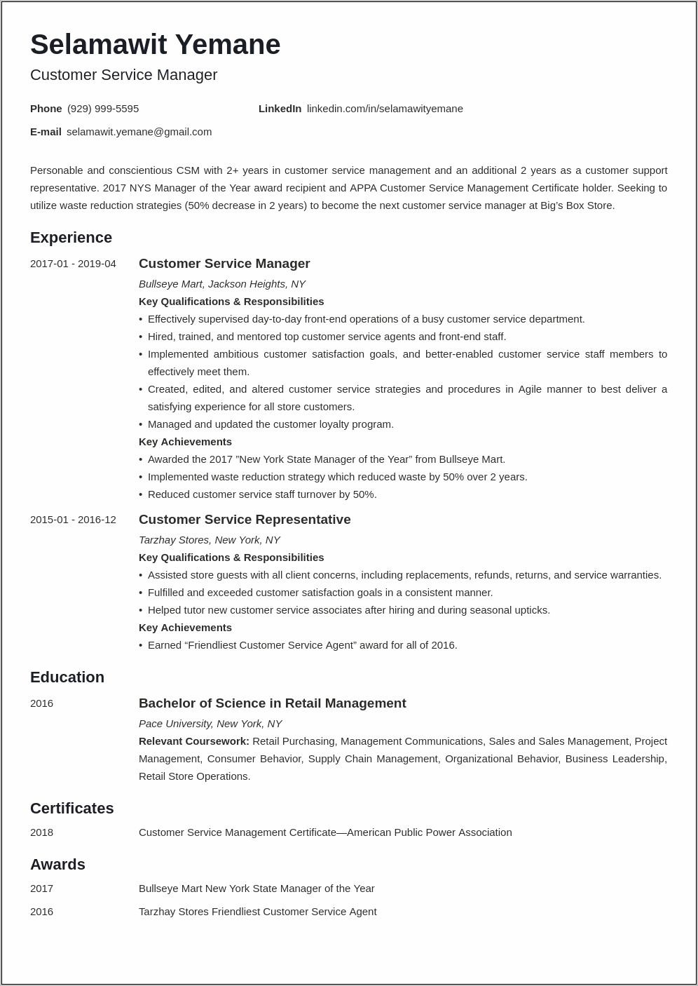 Service Manager Description For Resume