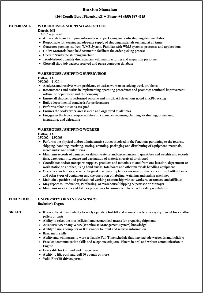 Shipping And Receiving Resume Examples