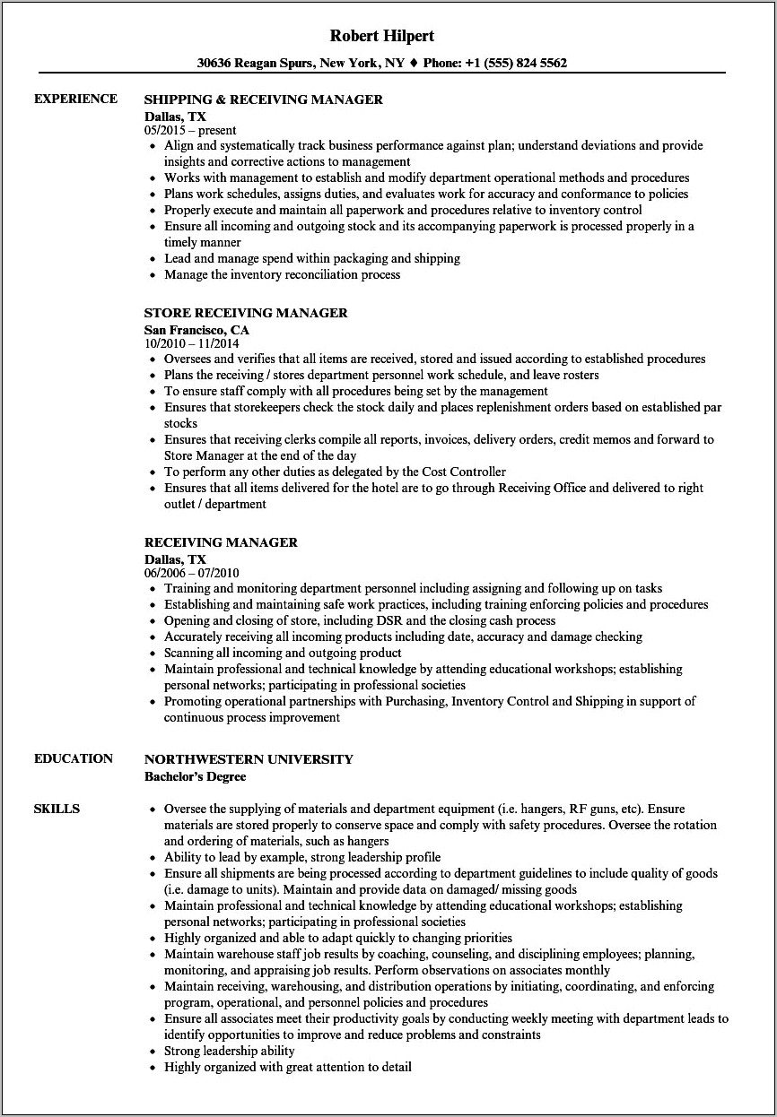 Shipping Receiving Manager Resume Sample