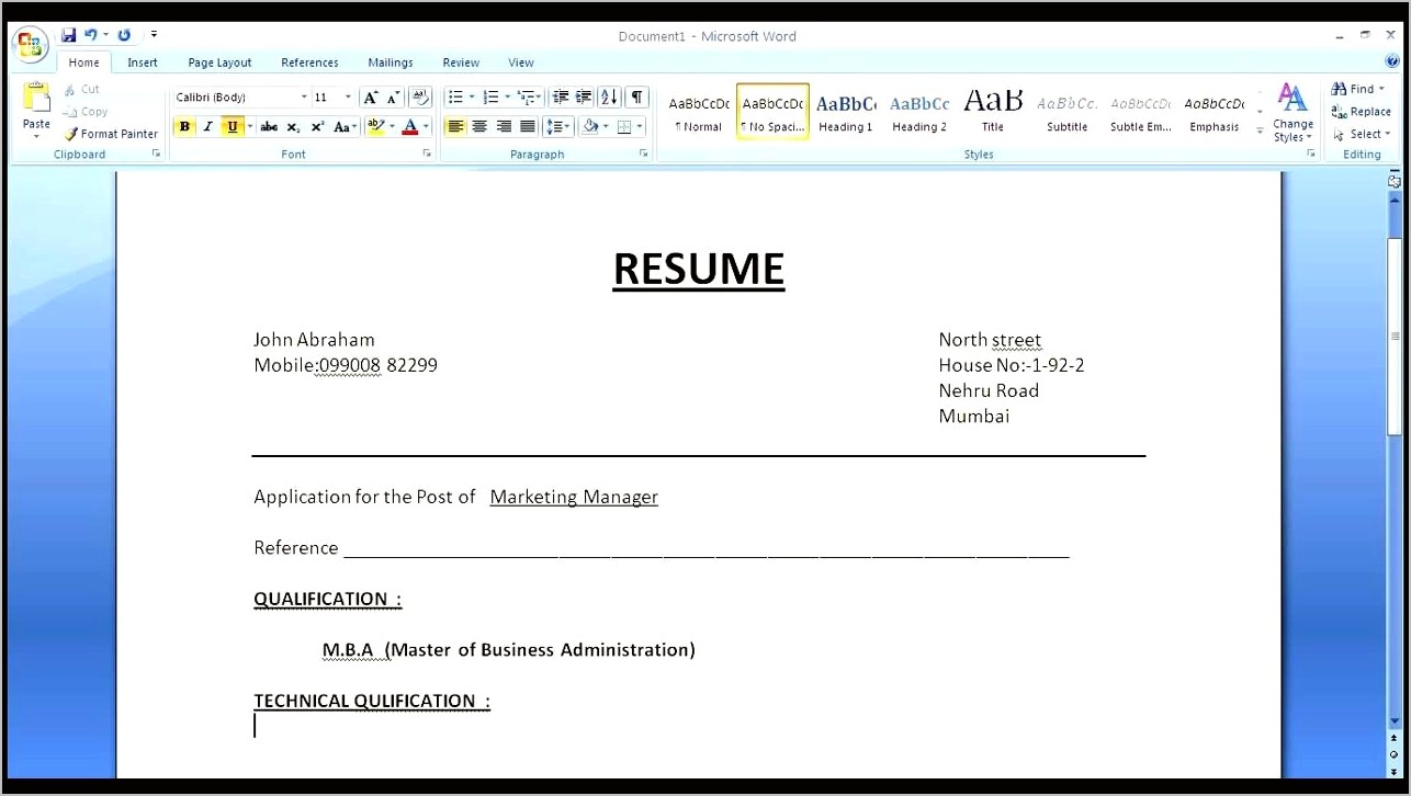 Simple Resume Sample Word File