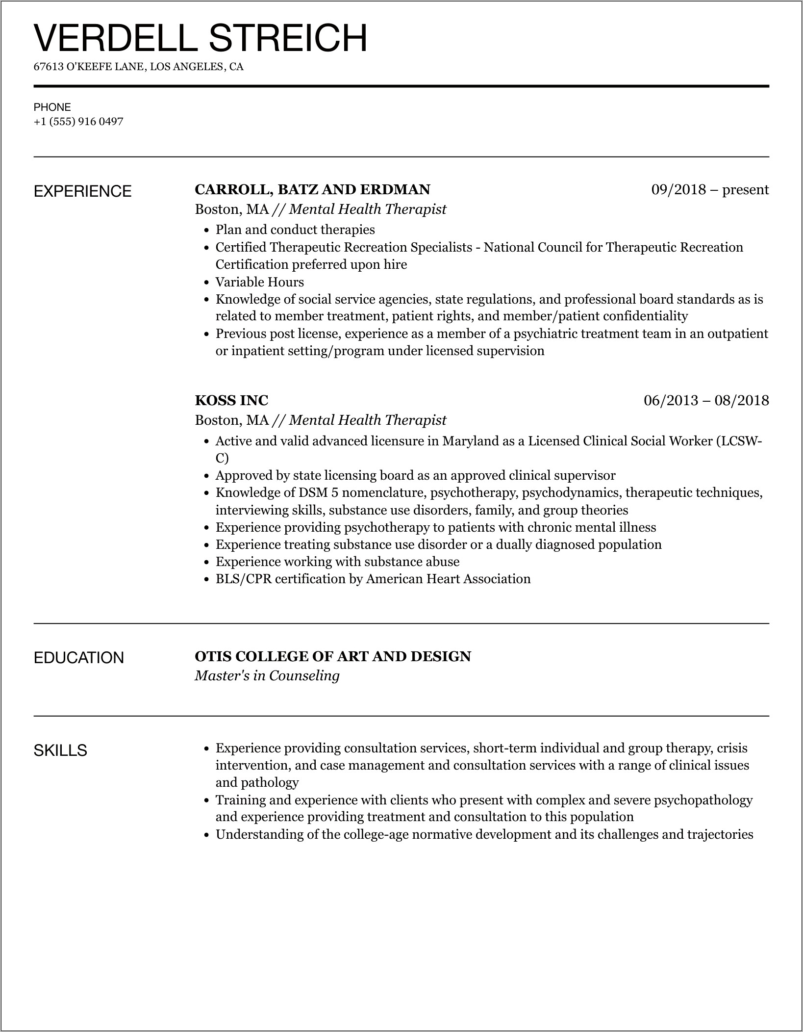 Skills For Behavioral Therapist Resume