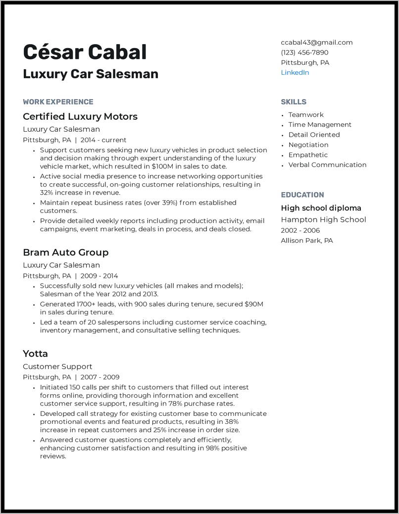 Skills For Car Salesman Resume